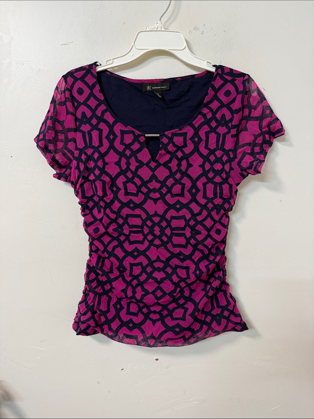 INC International Concepts Purple and Navy Geometric Short Sleeve Top